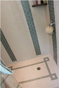 Gaya Quartzite - Emerald Green Quartzite Bathroom Vanity Top, Glass Linear Mosaic Border