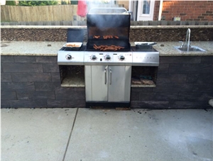 Tile Front, Backsplash, and Granite Counters Done on an Outdoor Bbq