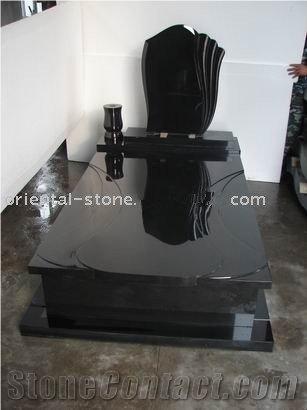 China Black Polished Granite Engraved Tombstones, Memorial Stone Gravestone, Custom Tombstone Monument Design, Western Style Single Monuments with Flower Pot