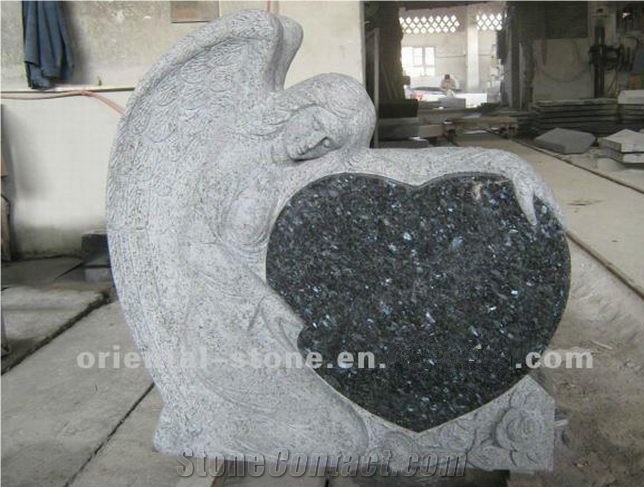 China Blue Pearl Granite Heart Carving Headstones, Cemetery Angle Engraved Tombstones, Custom Tombstone Monument Design, Memorial White Stone Gravestones, Western Style Single Monuments
