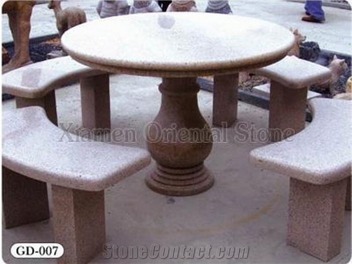 China G606 Pink Granite Garden Bench Round Tables, Exterior Stone Benches Street Furniture, Garden Table Sets, Outdoor Landscaping Stones Park Chairs