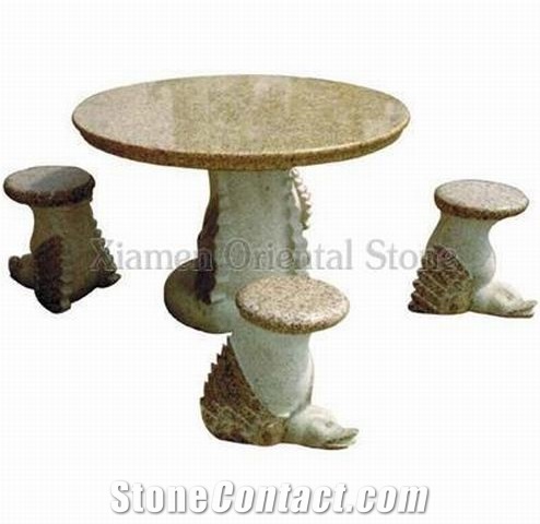 China G682 Yellow Rusty Granite Garden Bench Tables, Exterior Stone Benches Street Furniture, Garden Sculptured Table Sets, Outdoor Landscaping Stones Park Chairs