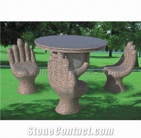 China Golden Diamond Granite Garden Sculptured Bench Tables, Exterior Stone Benches Street Furniture, Outdoor Landscaping Stones Park Chairs, Garden Table Sets