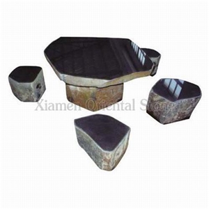 China Jiangxi Black Slate Garden Bench Tables, Exterior Stone Benches Street Furniture, Outdoor Landscaping Stones Park Chairs, Garden Irregular Sculptured Table Sets
