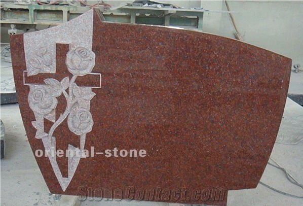 China Red G562 Granite Cross Carving Headstones, Cemetery Flower Engraved Tombstones, Memorial Stone Gravestone, Western Style Single Monuments, Custom Tombstone Monument Design
