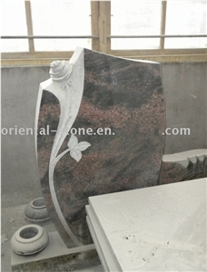 Multicolor Red Granite Cemetery Flower Carving Headstones, Engraved Tombstones, Memorial Stone Gravestones, Custom Monument Tombstone Design, Western Style Single Monumnets