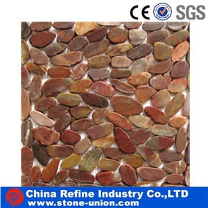 China Sliced Pebble on Mesh,Slices Flooring Stone Pebble Tiles,Flat Polished Pebble Tile on Mesh,Double Surface Cut Pebble Mosaic,Pebble Mosaic