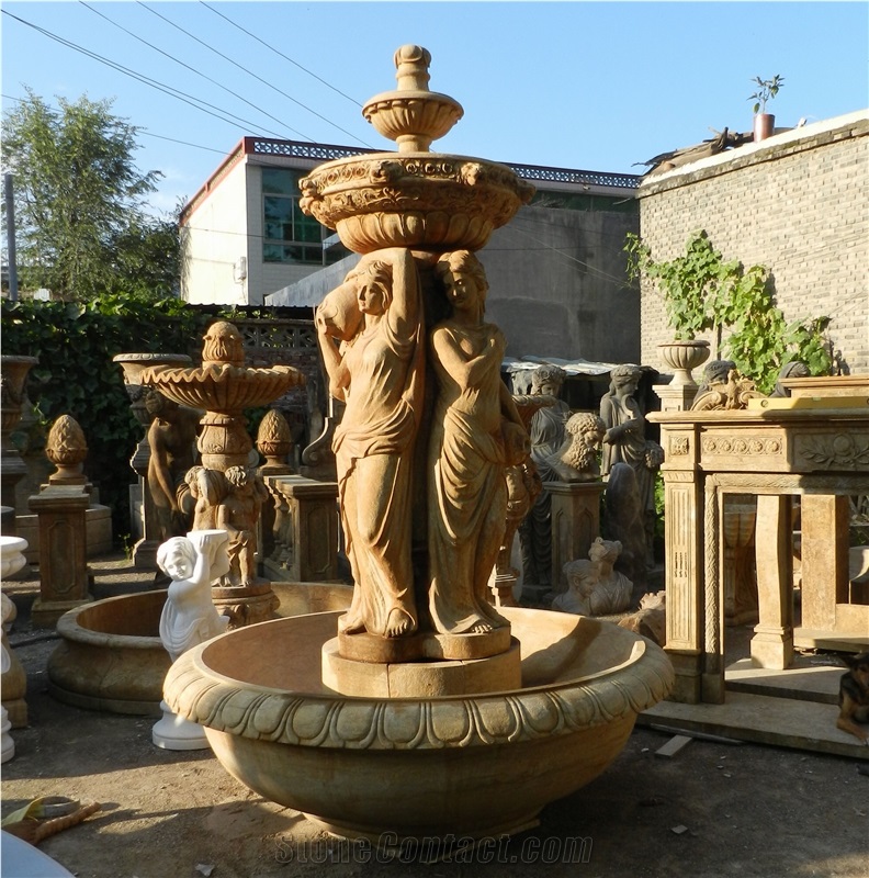 China Beige Marble Garden Fountains, China Marble Water Features Exterior Fountains, Woman, Angel Sculptured Fountains