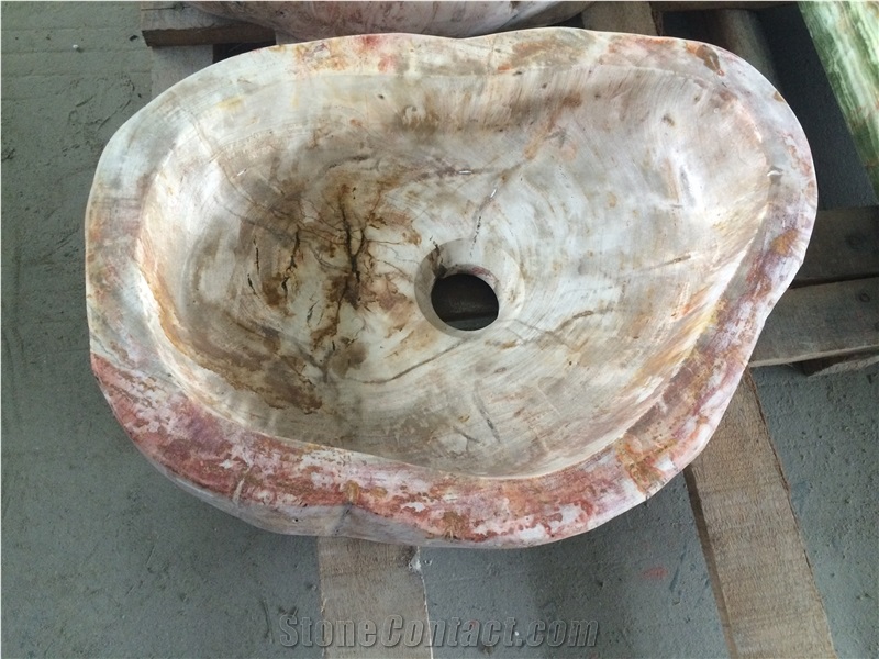 Petrified Wood Stone Round Wash Basins, Vessel Sinks, Wood Stone Round Sinks for Bathroom