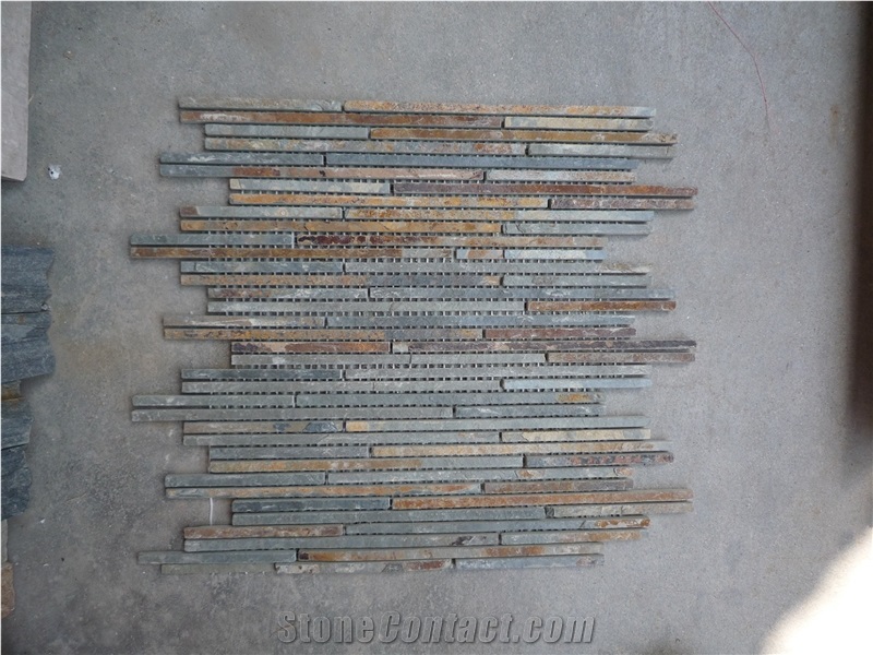 Rusty Slate Linear Mosaic Tiles, China Cheap Slate Mosaic, Liner Strips Mosaics,Split Face Mosaic for Wall, Floor