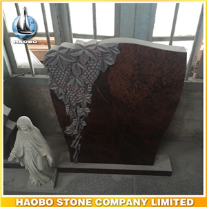 Red Granite Upright Headstone with Hand Carved Grape
