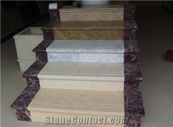 Marble Stone Stairs&Steps.,White&Brown Marble Stair Deck&Riser,Beige Stone Stair Steps,Stone Staircase&Treads,