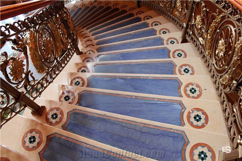 Azul Imperial Quartzite and Botticino Classico Marble Inlay Staircase Project