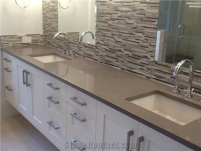Enviroment-Friendly & Safety Beige Quartz Stone with Bright Surface Vanity Bathroom Top,Easy Wipe,Easy Clean