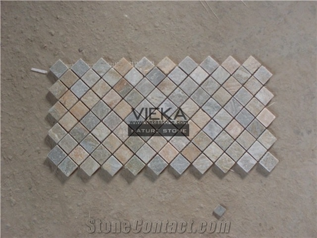 P014 Beige Yellow Color Slate Mosaic Tiles, Tumbled Brick Linear Strip Brick Mosaics,Split Face Mosaic Pattern for Wall Floor,Inside Outside Decoration Nature Brickstone 30.5x30.5cm