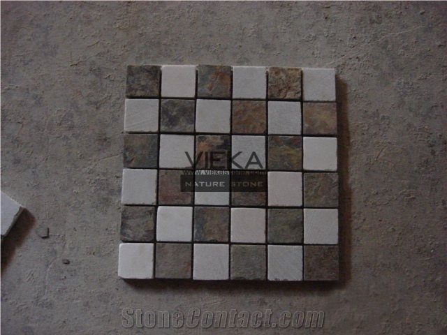 White and Rustic Slate Mosaic Tiles,Tumbled Brick Linear Strip Brick Mosaics,Split Face Mosaic Pattern for Wall Floor,Inside Outside Decoration