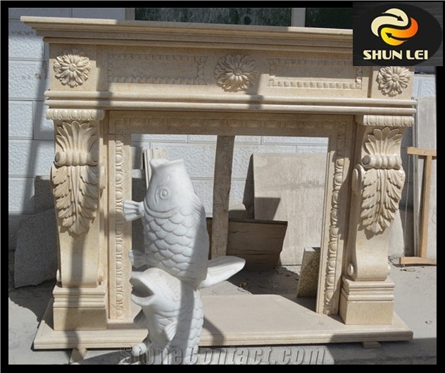 Hand Carved Beige Marble Fireplace Mantel