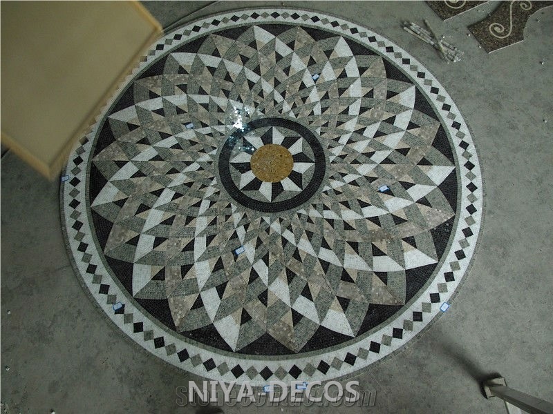 China Dark Emperador Marble with Crema Marfil/ Beige Cream Marble Mosaic Madellion for Floor Covering,Mosaic Pattern Tiles