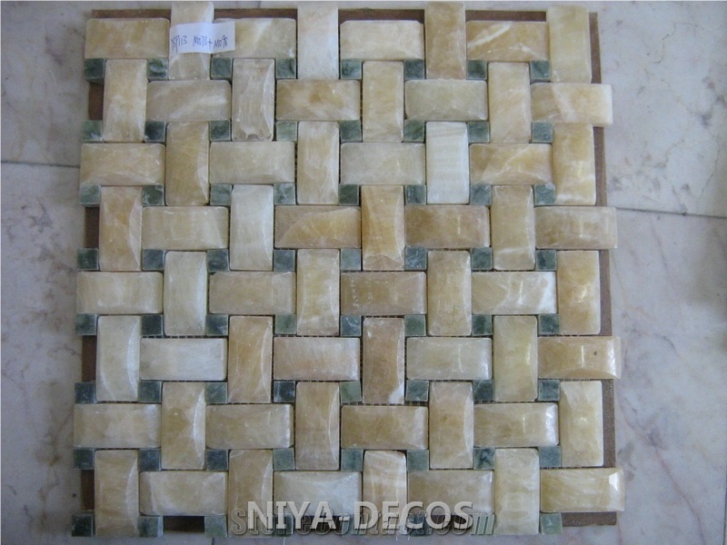 China Honey Onyx Mosaic with Verde Ming Green Mabrle Mosaic Basketweave Tiles