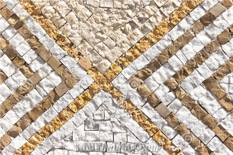 Sunny Beige Marble with White Marble Mosaic Pattern & Mosaic Patio Pavers Tiles