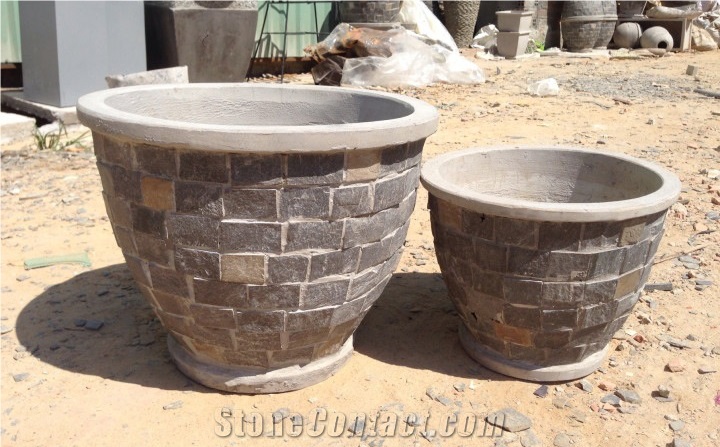 Stacked Stone Slate Pots - Black Slate Natural Garden Planters - Pebble Water Fountain - Drive Slate Fountain - Garden Stones River Pebbles Pots
