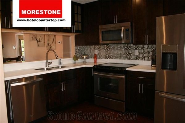 Solid White Artificial Quartz Stone Kitchen Countertop With Cherry