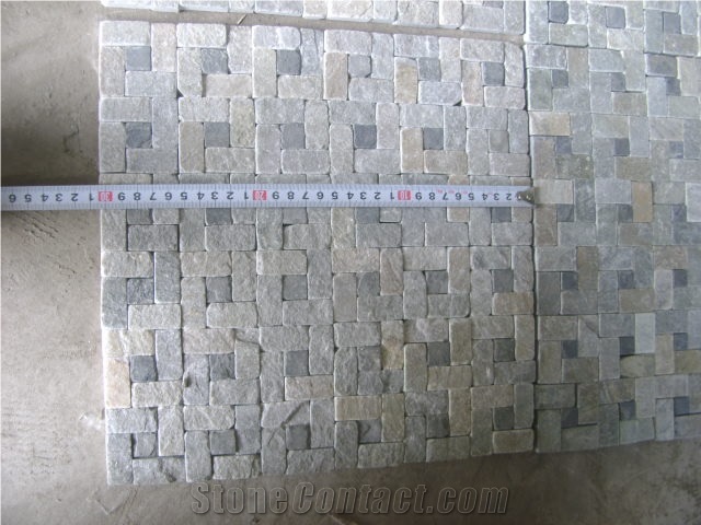 Black Slate with Yellow Quartzite Mosaic,Stone Wall Mosaic,Quartzite Mosaic Pattern for Interior Wall Decoration