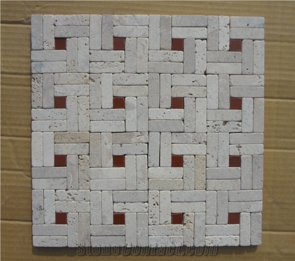 China White Travertine with Red Stone 3d Mosaic,Chinese White Travertine Wall Mosaic,Natural White Travertine Stone Mosaic Pattern for Interior Wall Decor