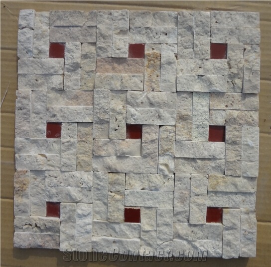 China White Travertine with Red Stone Mosaic,Chinese White Travertine Wall Mosaic Panel,Natural White Travertine Stone Mosaic Pattern for Interior Wall Decor
