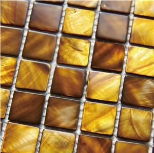 Natural Sea Shell Golden Yellow and Brown Mosaic,Freshwater Sea Shell Wall Mosaic Panel,Square Shaped Sea Shell Mosaic for Interior Wall Decoration