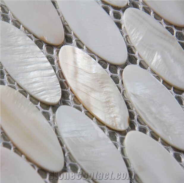 Natural Sea Shell White Mosaic,Freshwater Sea Shell Wall Mosaic Panel,Oval Shaped Sea Shell Mosaic Pattern for Interior Wall Decoration