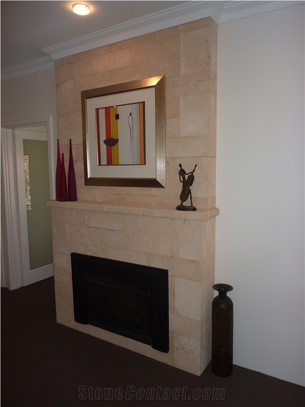 Diamond Cut Faces Tamala Limestone Fireplace Design, Beige Limestone Fireplace