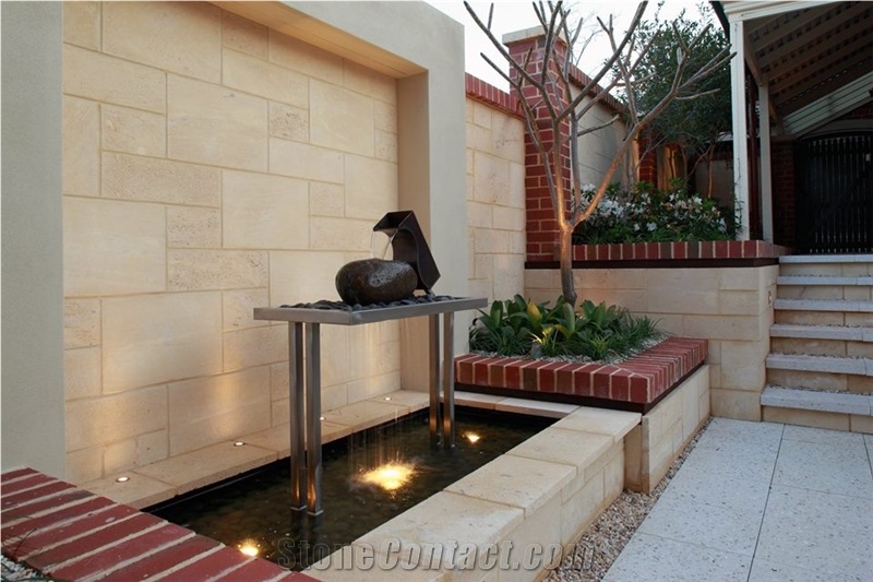 Tamala Limestone Diamond Cut Cladding, Complimented with Capping Around the Water Feature, Beige Limestone Walling Tiles, Floor Tiles