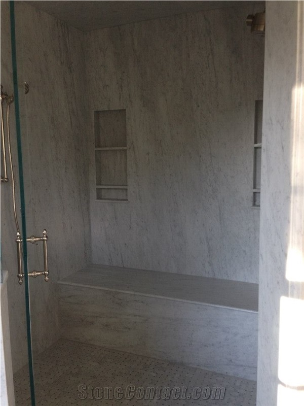 White Carrara Slab Shower, Bench and Niches