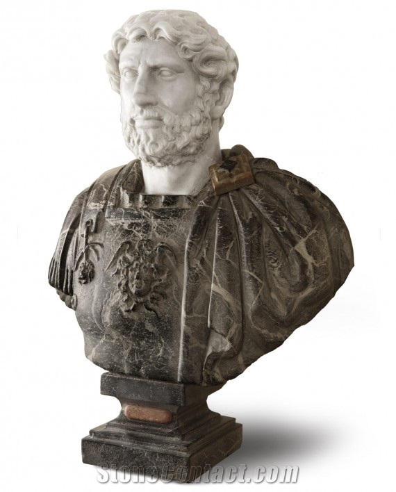 Bust Of Hadrian - White Carrara and Rosso Levanto Marble Hand Carved and Antiquized