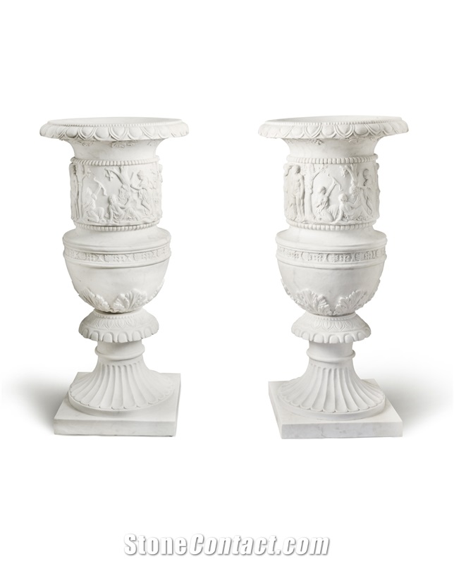 White Carrara Marble Hand Carved Decorated Vases