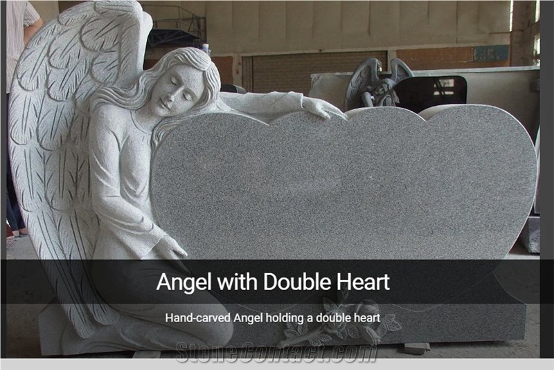 Hand-Carved Angel Holding a Double Heart Headstone
