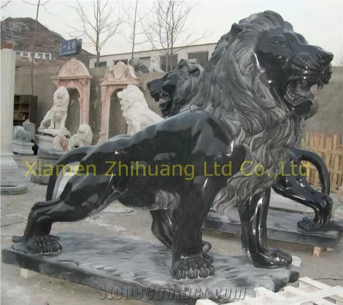 Black Gold Marble Lion Sculpture, Animal Sculptures