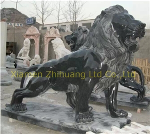 Black Gold Marble Lion Sculpture, Animal Sculptures