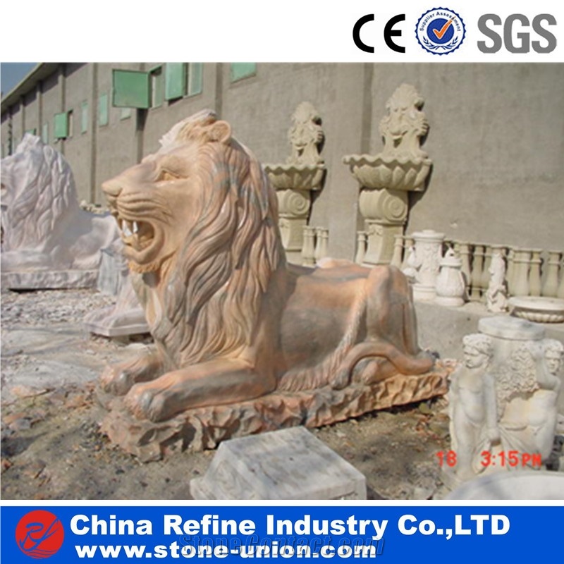 Beige Marble Sculpture Lively Lion, Popular Stone Lion Statue,Western Statues,Animal Sculptures,Landscape Sculptures,Lion Statues,Garden Sculpture