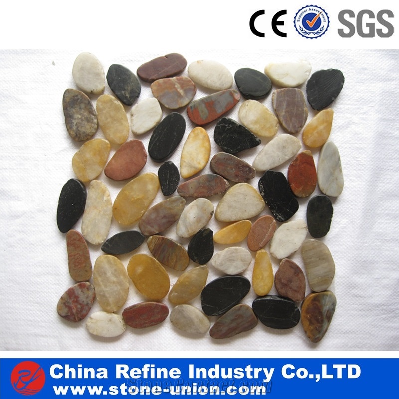 Cheap Pebbles Mixed Color, Pebble Stone for Playgrounds Landscaping,Flat Pebble Mosaic in Mesh,Pebble Mosaic,Pebble Mosaic for Bathroom&Kitchen/Interior Decoration