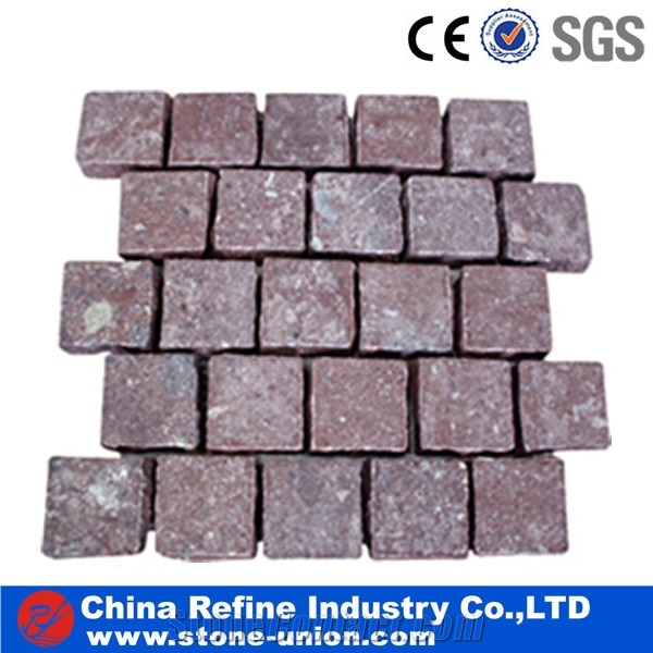 Chinese Red Granite Stone Pavers on Mesh,Natural Split Paver on Mesh, Red Stone Cobblestone for Landscaping and Garden,Stone Paver Tile