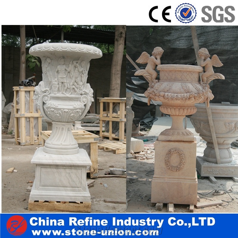 Exquisite White Marble Flower Pots, Simple and Popular Flower Pot, White Stone Planter Stand & Flower Stand & Outdoor Flower Vase & Planter Pot