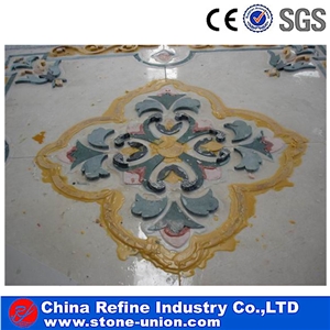 Flower Shape Waterjet Inlay Medallion for Flooring,Polished Round Water Jet Medallions Inlay Flooring Tiles, Customized White Bottom Marble Flooring