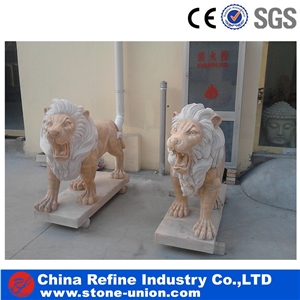 Lion Hunan White Marble Statue in Front Of the Door , Professional Lion Sculpture,Handcarved Animal Sculptures,Handcarved Garden Statues,Marble Hand Carved Lion Statue with Antique Finishing