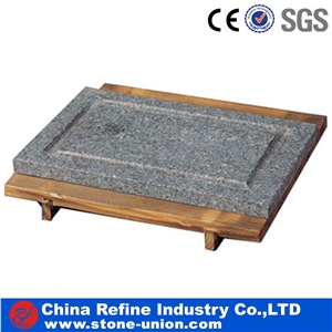 Stone Plate with Wooden Base Grey Volcanic Basalt Plate,Baking Stone,Grill Stone, Stone Cooking Pots,Cooking Stone Grill Set,Steak Cooking Stones