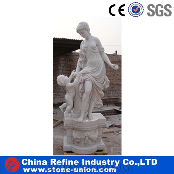 White Large Marble Woman with Cute Boy Statue , White Marble Human Statue & Carving & Handcraft Marble Sculpture