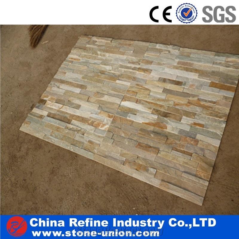Yellow Beige Slate Culture Stone Strip Tiles ,Chinese Characteristic Wall Stone,China Rusty Slate Wall Cladding, Stacked Stone Veneer
