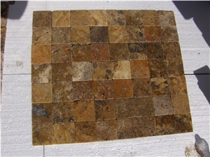 Scabas Travertine Tumbled Mosaic, Yellow Travertine Wall Mosaic
