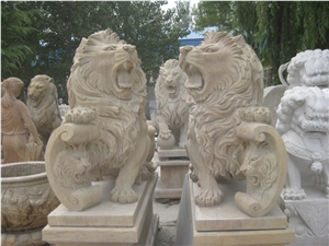 Stone Lions, Beige Marble Lions Sculpture & Statue, Animal Sculptures, Landscape Sculptures